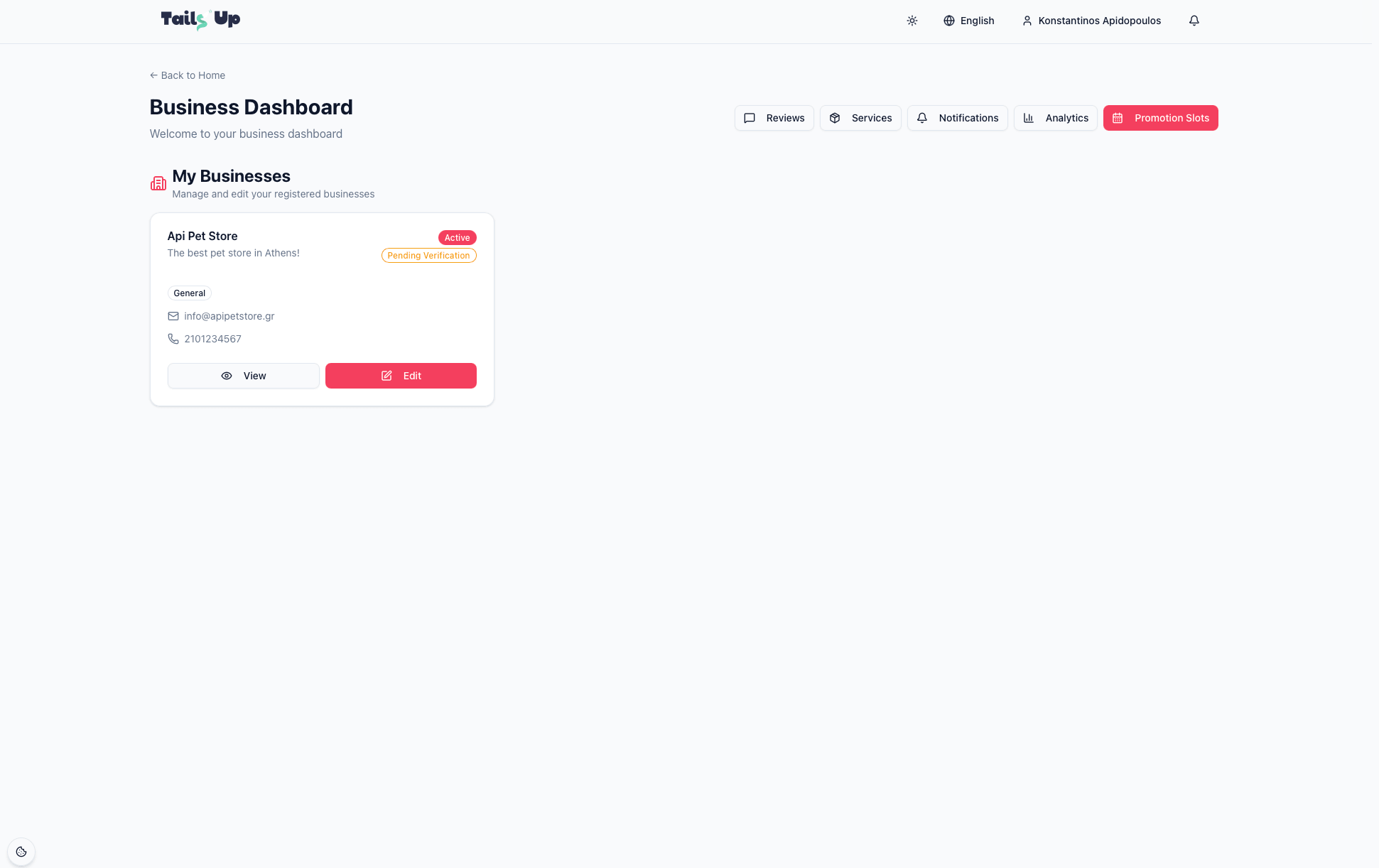 Screenshot: the Tails Up business dashboard