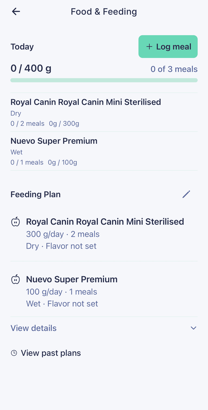 Οθόνη Food & Feeding με τα σημερινά γεύματα, το πρόγραμμα διατροφής και απόθεμα τροφής για 8 ημέρες