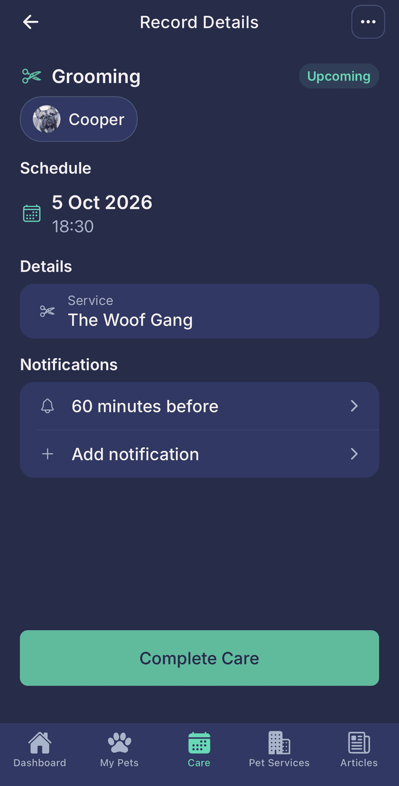 Ραντεβού περιποίησης για τον Cooper στο The Woof Gang στις 5 Οκτωβρίου στις 18:30, με υπενθύμιση 60 λεπτά πριν