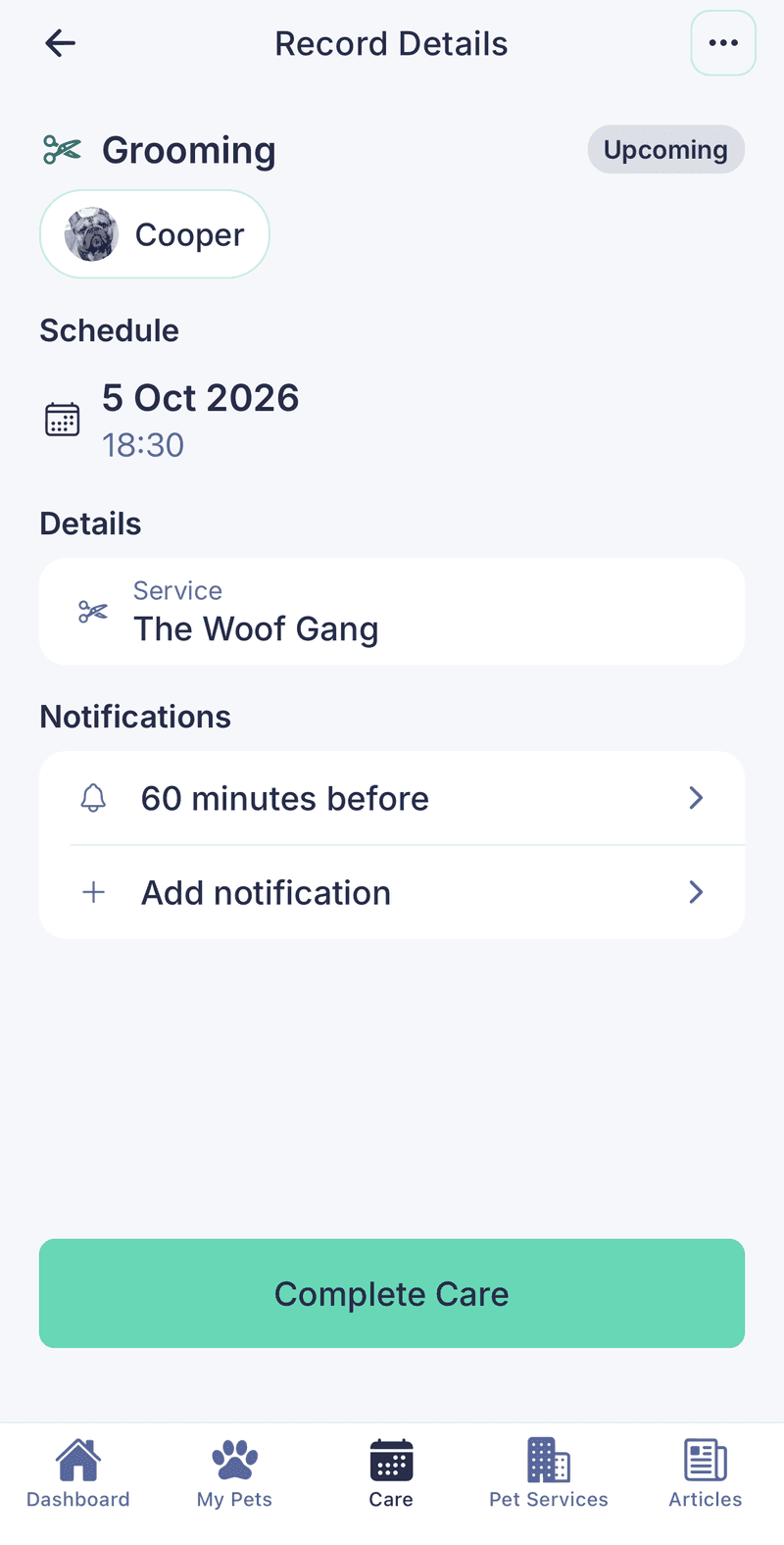 Ραντεβού περιποίησης για τον Cooper στο The Woof Gang στις 5 Οκτωβρίου στις 18:30, με υπενθύμιση 60 λεπτά πριν
