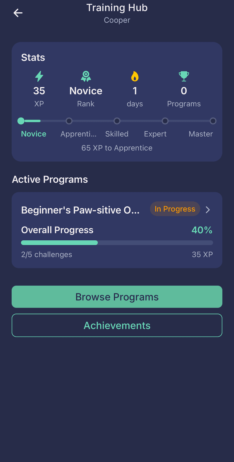 Training Hub για τον Cooper με 35 XP, βαθμίδα Novice και ένα πρόγραμμα στο 40%