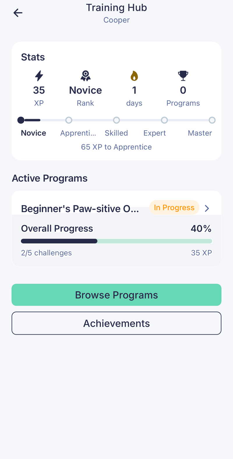 Training Hub για τον Cooper με 35 XP, βαθμίδα Novice και ένα πρόγραμμα στο 40%
